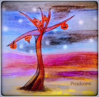 L'albero di Halloween con zucche luminose, dipinto da Prosdocimi