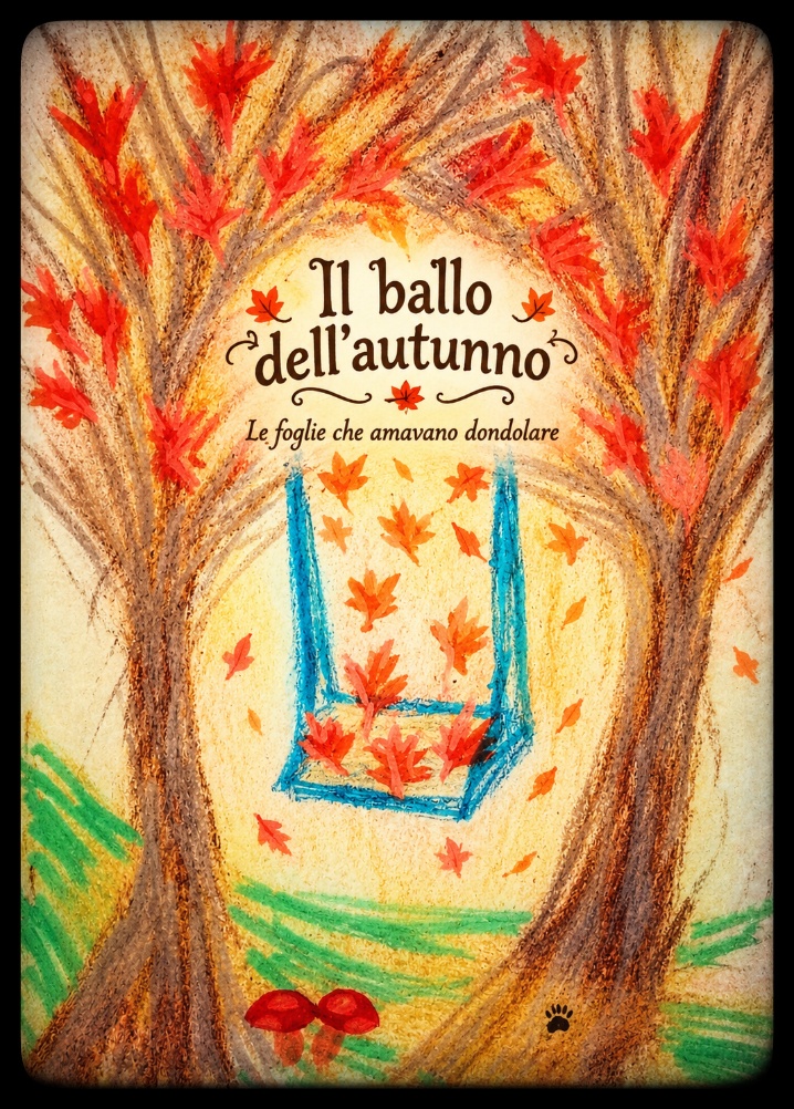 Disegno di Prosdocimi con un'altalena azzurra tra due alberi e foglie rosse d'autunno